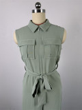 Collar Pocket Cinched-Waist Wide-Leg Sleeveless Jumpsuit