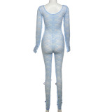 Sexy Sheer Long Sleeves Lace Bodycon women Jumpsuit