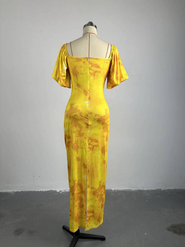 Floral Bubble Sleeve Square Neck Mid-length Split Dress