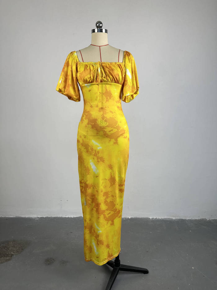Floral Bubble Sleeve Square Neck Mid-length Split Dress