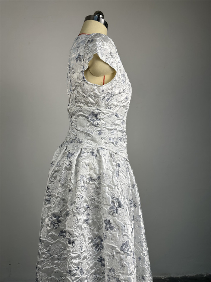 Floral Print Cinched Waist Short Sleeve A-line Midi Dress
