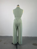 Collar Pocket Cinched-Waist Wide-Leg Sleeveless Jumpsuit