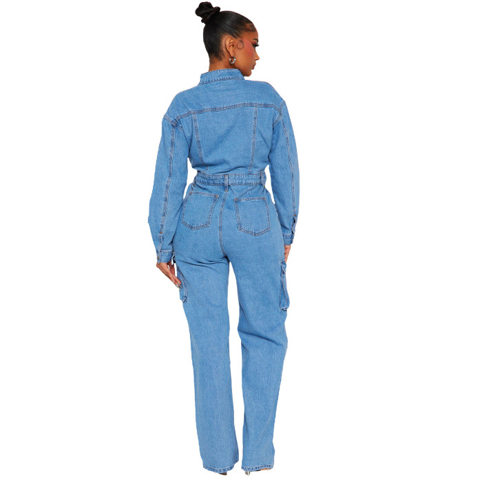 Overall Flared Pants Workwear Pants Washed Denim Jumpsuit