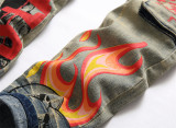 Vintage Blue Slim Fit Elastic Printed and Dyed Multi-pocket Straight-leg Men's Jeans