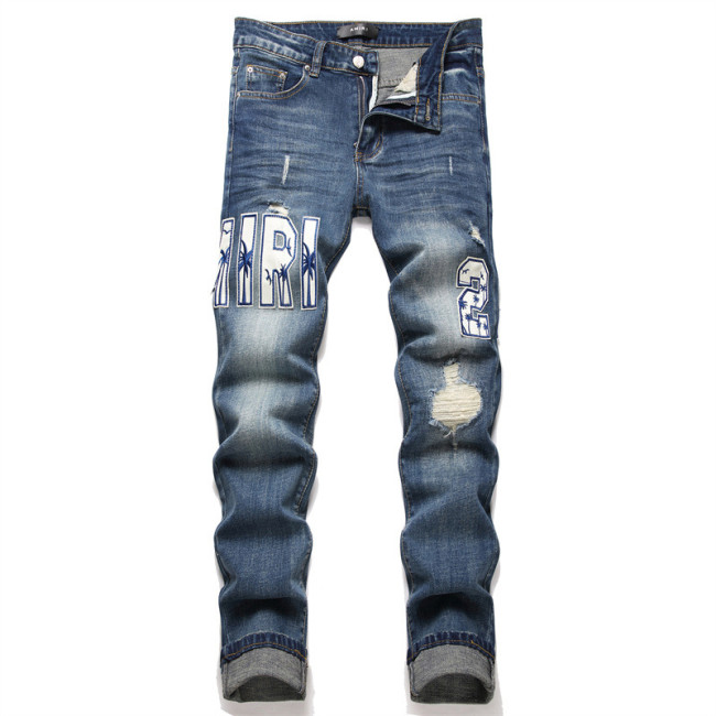 Blue Distressed Patch Embroidered Badge Skinny Stretch Men's Mid-rise Jeans