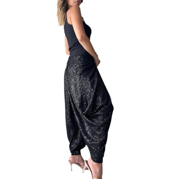 Relaxed Fit Sequined Adjustable Waist Lantern Long Pants