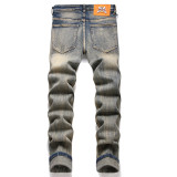 Patchwork Distressed Multi-Pocket Slim Fit High-Waisted Elasticity Men's Denim Jeans