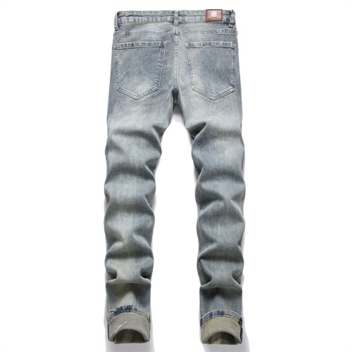 Blue Distressed Patch Embroidered Stretch Mid-rise Skinny Men's Jeans