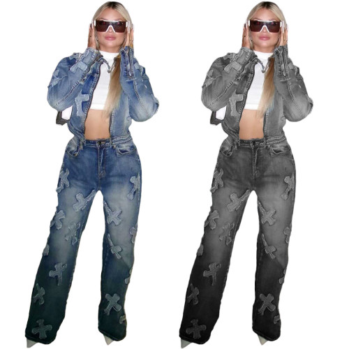 Women Cross Washed Stretch Top and Pant Casual Denim Two Piece Set