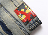 Vintage Blue Slim Fit Elastic Printed and Dyed Multi-pocket Straight-leg Men's Jeans