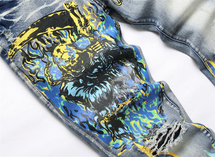 Vintage Blue Distressed Slim Fit Stretch Printed and Dyed Skinny Men's Jeans