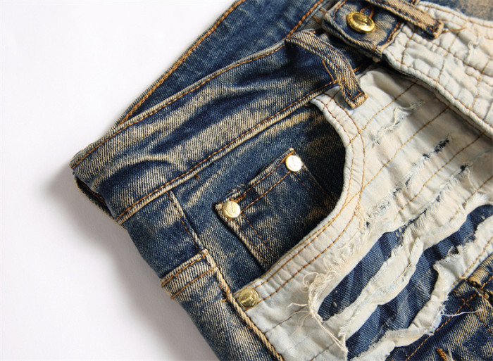 Patchwork Distressed Multi-Pocket Slim Fit High-Waisted Elasticity Men's Denim Jeans