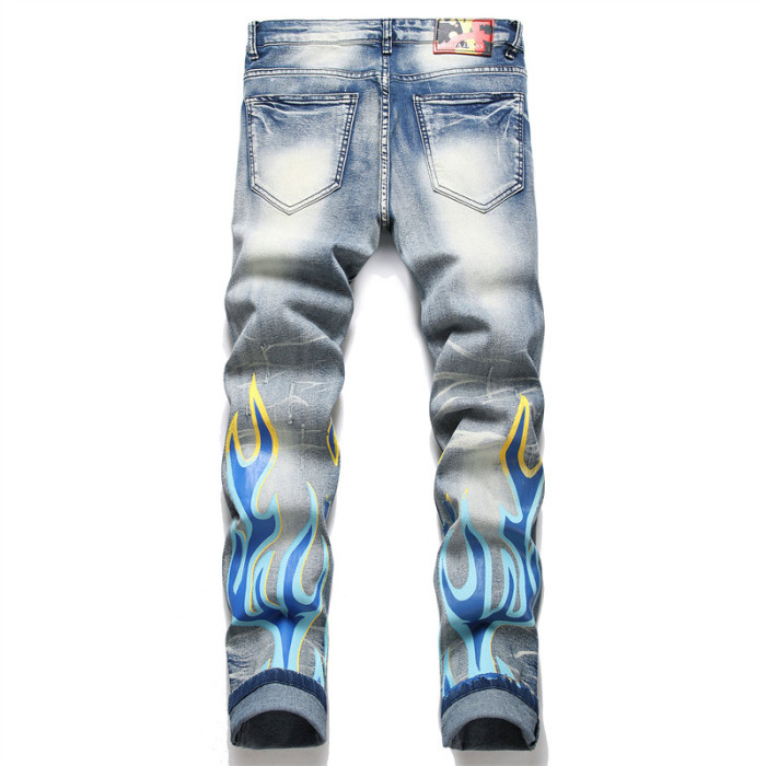 Vintage Blue Distressed Slim Fit Stretch Printed and Dyed Skinny Men's Jeans