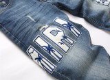 Blue Distressed Patch Embroidered Badge Skinny Stretch Men's Mid-rise Jeans