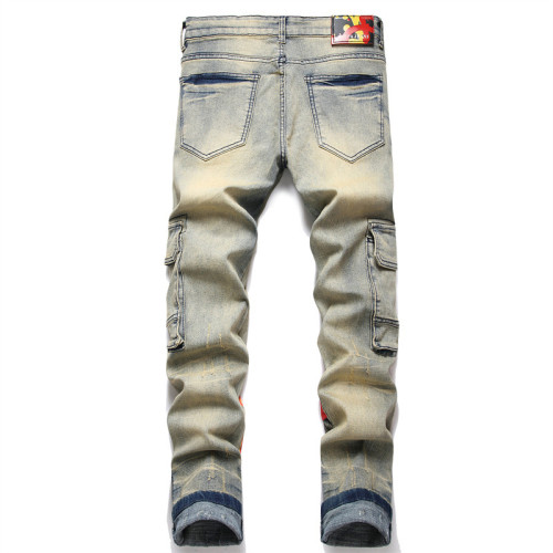 Vintage Blue Slim Fit Elastic Printed and Dyed Multi-pocket Straight-leg Men's Jeans