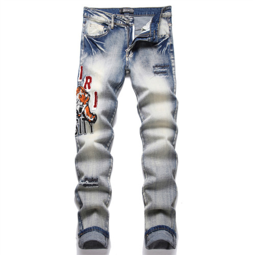 Blue Distressed Letter Embroidery Elastic High Waist Slim Fit Men's Jeans