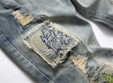 Blue Distressed Patch Embroidered Stretch Mid-rise Skinny Men's Jeans