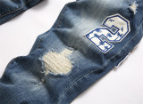 Blue Distressed Patch Embroidered Badge Skinny Stretch Men's Mid-rise Jeans
