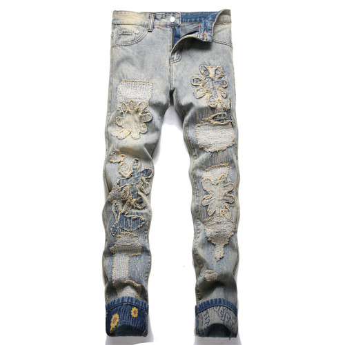 Distressed Patchwork Retro Blue Slim Fit Straight Leg Non-Stretch Men's Jeans