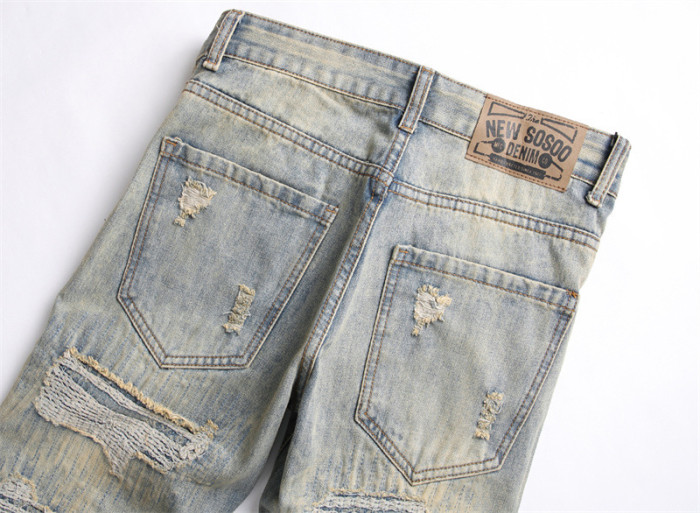 Distressed Patchwork Retro Blue Slim Fit Straight Leg Non-Stretch Men's Jeans