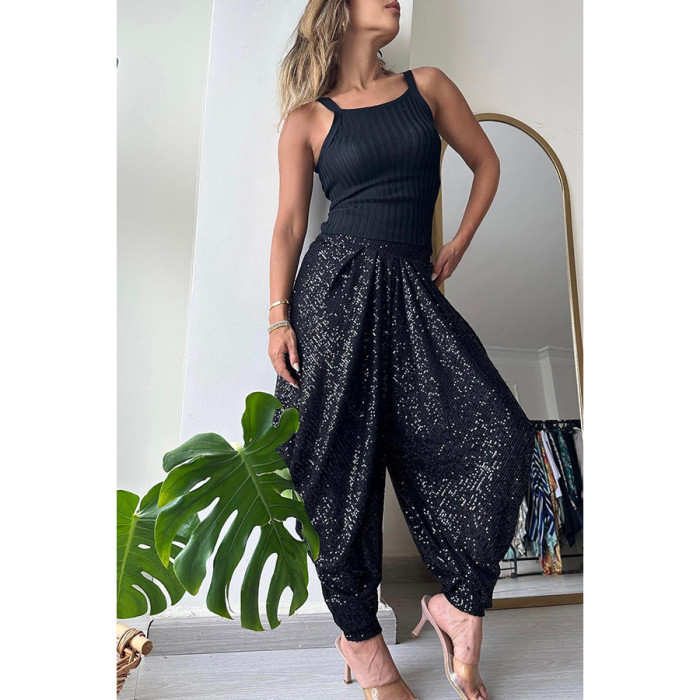 Relaxed Fit Sequined Adjustable Waist Lantern Long Pants