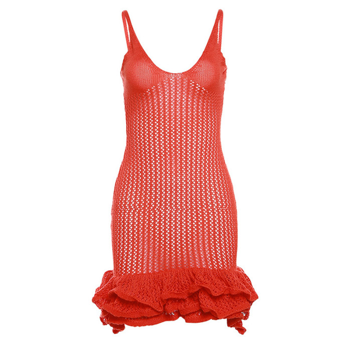 Sexy Hollow Out Crochet Trim Knitted Spaghetti Strap women Bodycon Dress