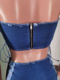 Women Chest Wrap Halter Neck Pocket Denim Two-piece Set