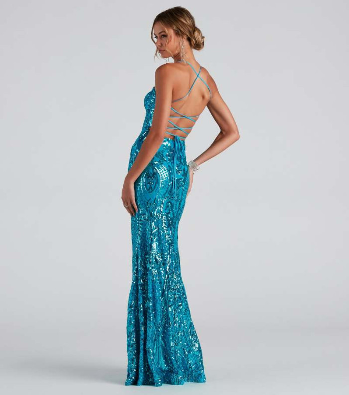 Sparkling Sequin Elegant High Neckline and Stylish Side Slit Evening Gown