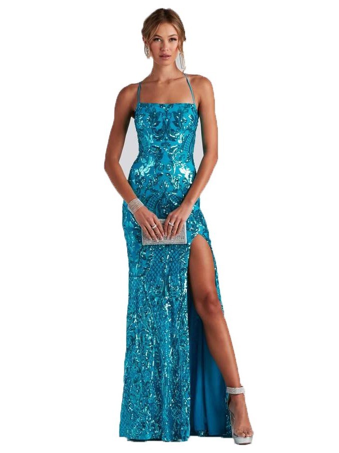 Sparkling Sequin Elegant High Neckline and Stylish Side Slit Evening Gown
