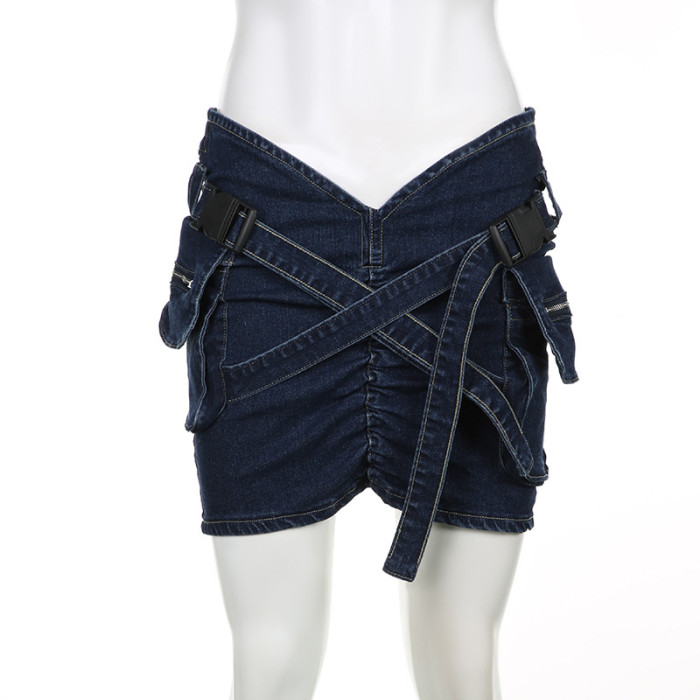 Stylish Cross-Buttoned Pleated V-Waist Denim Short Skirt for Women