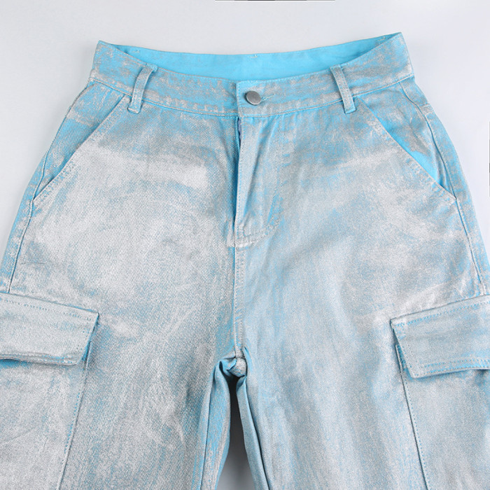 Coated Shiny High-waisted Straight-cut Patchwork Multi-pocketTrendy and fashionable Denim Pants