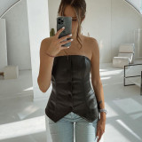 Single-Breasted PU Leather Bodycon Top