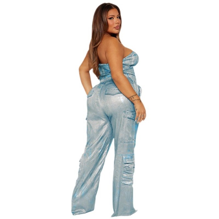 Coated Shiny High-waisted Straight-cut Patchwork Multi-pocketTrendy and fashionable Denim Pants