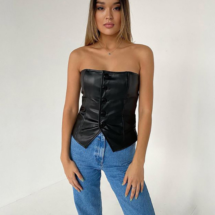 Single-Breasted PU Leather Bodycon Top