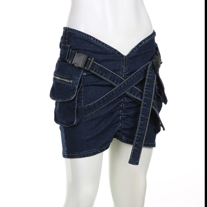 Stylish Cross-Buttoned Pleated V-Waist Denim Short Skirt for Women