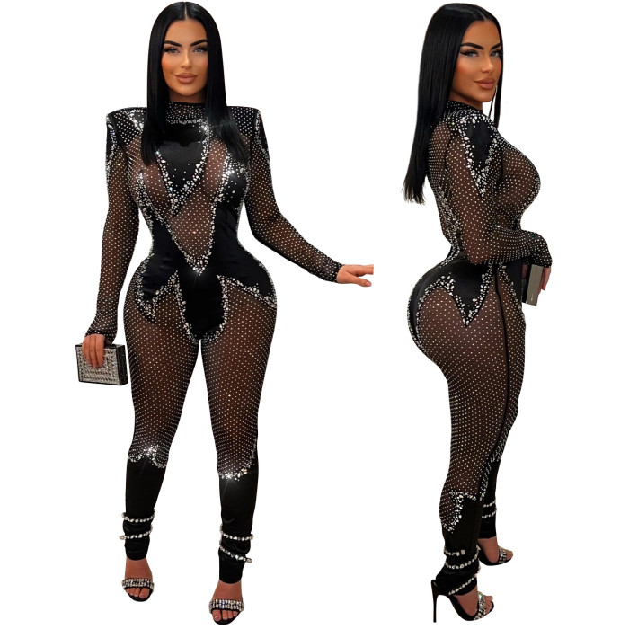 Women's Solid Color Beaded Mesh Long Sleeve Jumpsuit