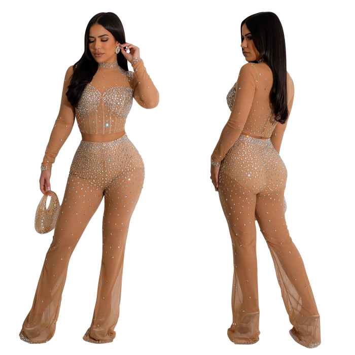 Women's Solid Color Beaded Mesh Long-Sleeved Two-Piece Trousers Set