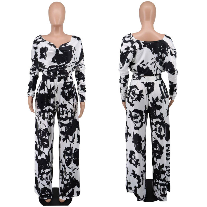 Women's Casual Spring Print Long Sleeve Two Piece Pants Set