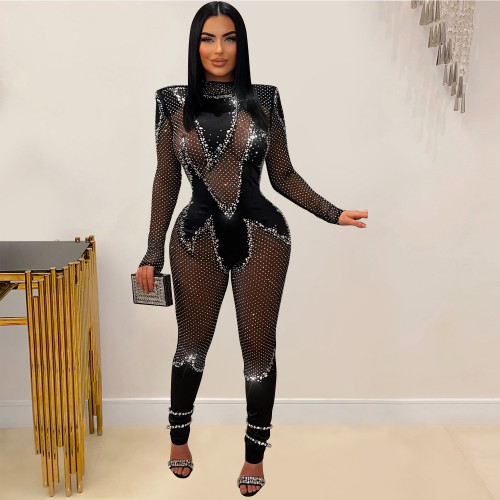 Women's Solid Color Beaded Mesh Long Sleeve Jumpsuit