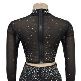 Women's Solid Color Beaded Mesh Long-Sleeved Two-Piece Trousers Set