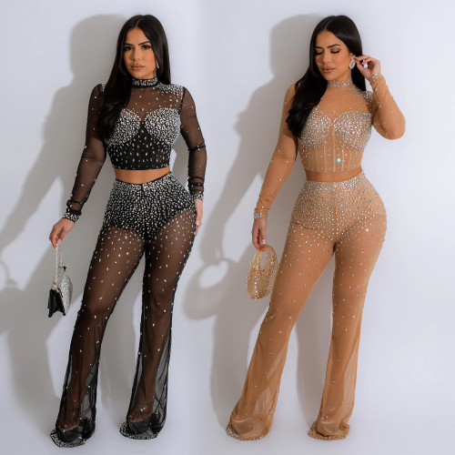Women's Solid Color Beaded Mesh Long-Sleeved Two-Piece Trousers Set