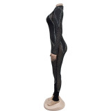 Women's Solid Color Beaded Mesh Long Sleeve Jumpsuit