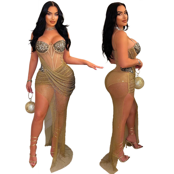 Strap Solid Color Beaded Mesh Irregular See-Through Women's Sexy Bodycon Dress