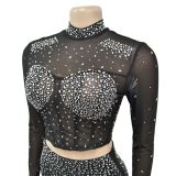 Women's Solid Color Beaded Mesh Long-Sleeved Two-Piece Trousers Set
