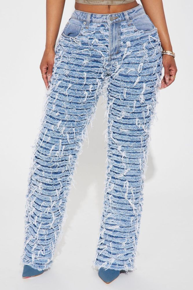 Women Raw Edge Fringe Stretch Denim Pants