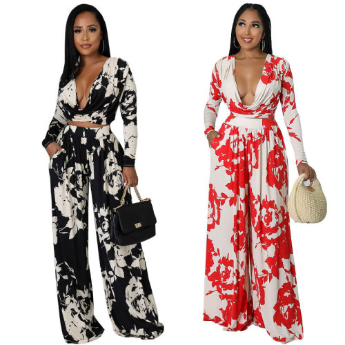 Women's Casual Spring Print Long Sleeve Two Piece Pants Set