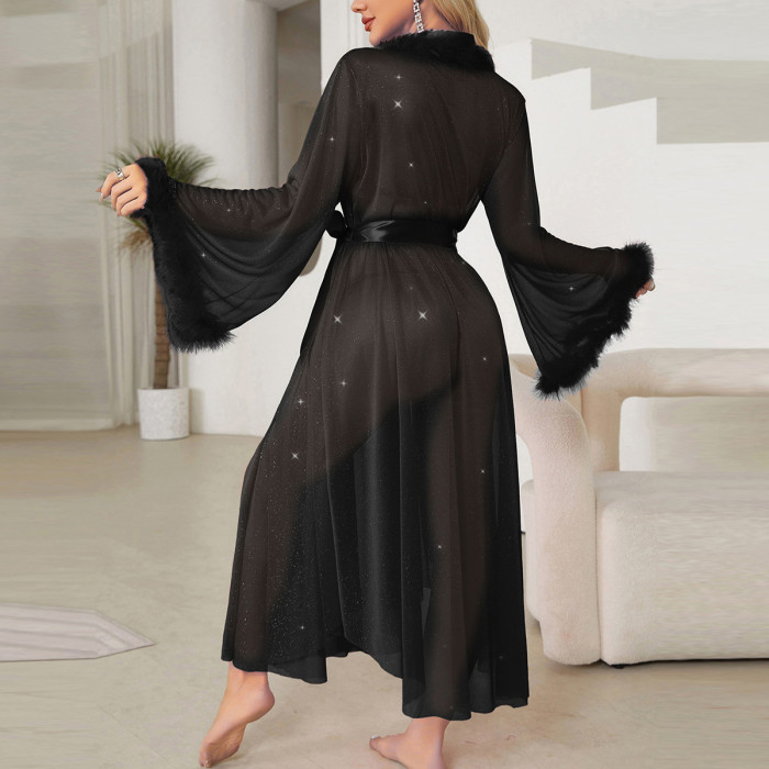 Silver Thread Deluxe Long Sleeve Furry Cool Feeling Robe Pajamas for Women