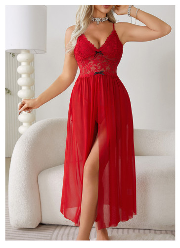 Seductive Sheer Lace Split Sling Long Nightgown