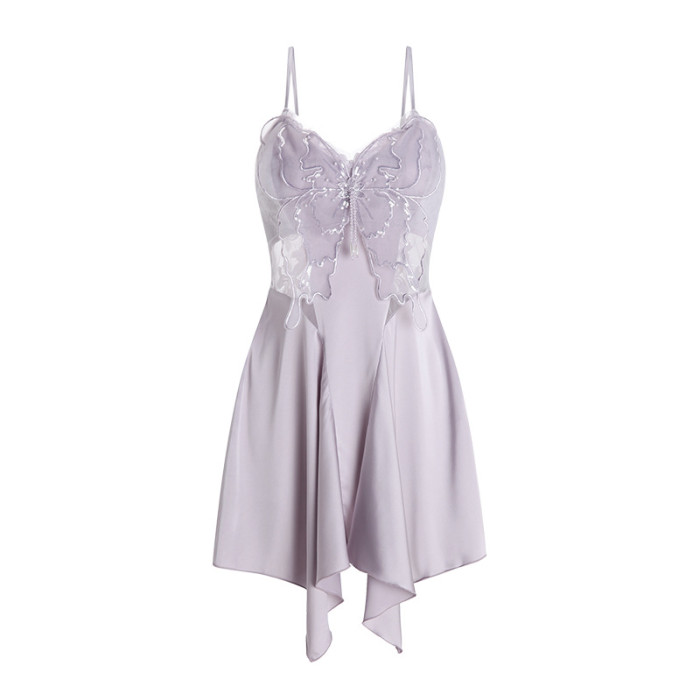 Perspective Mesh Backless Butterfly Decorated Nightgown