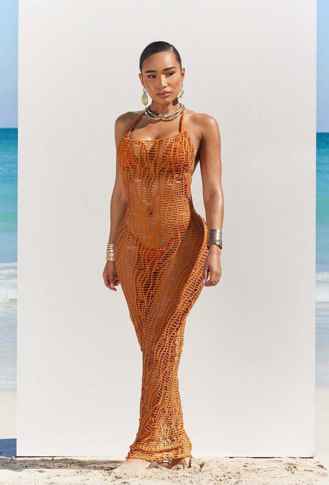 Sexy Cup Bikini and Thong Beach Long Skirt Ensemble Seductive Cut-out Backless Halter Three-piece Set